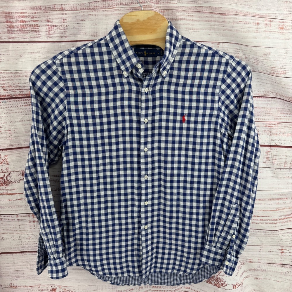 Ralph Lauren Shirt Mens Large Blue White Gingham Cotton Plaid Button Down Casual